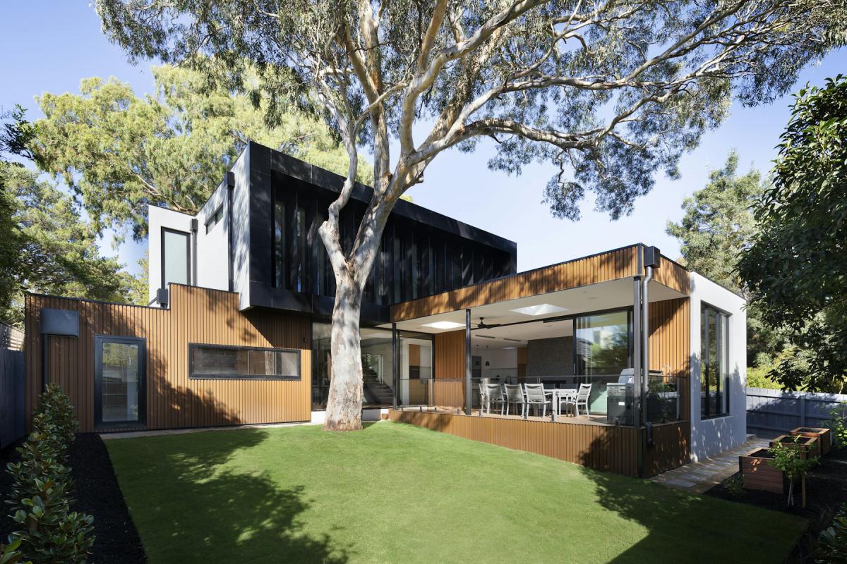 Contemporary residence with garden lawn and mature tree
