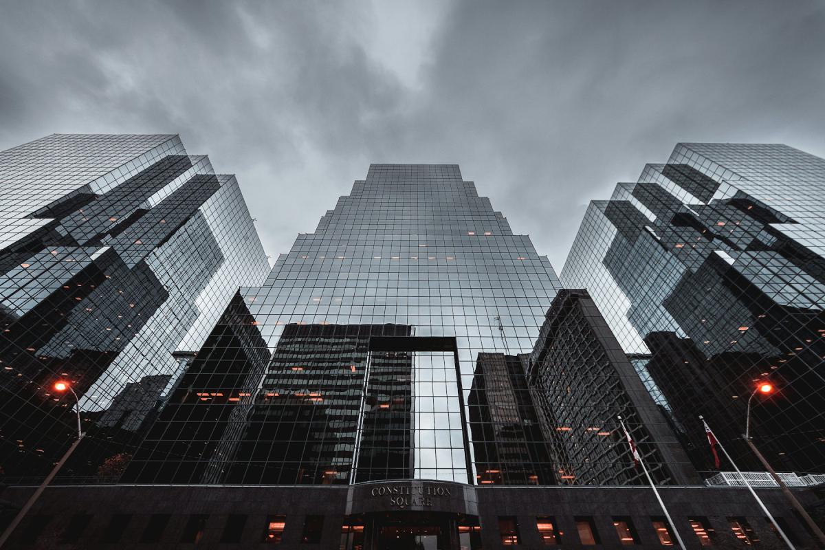 High-rise architecture viewed from below in monochrome High-rise architecture viewed from below in monochrome