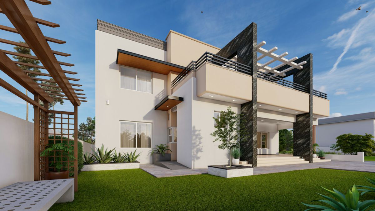 Contemporary Indian home with pergola, green lawn and planted terraces