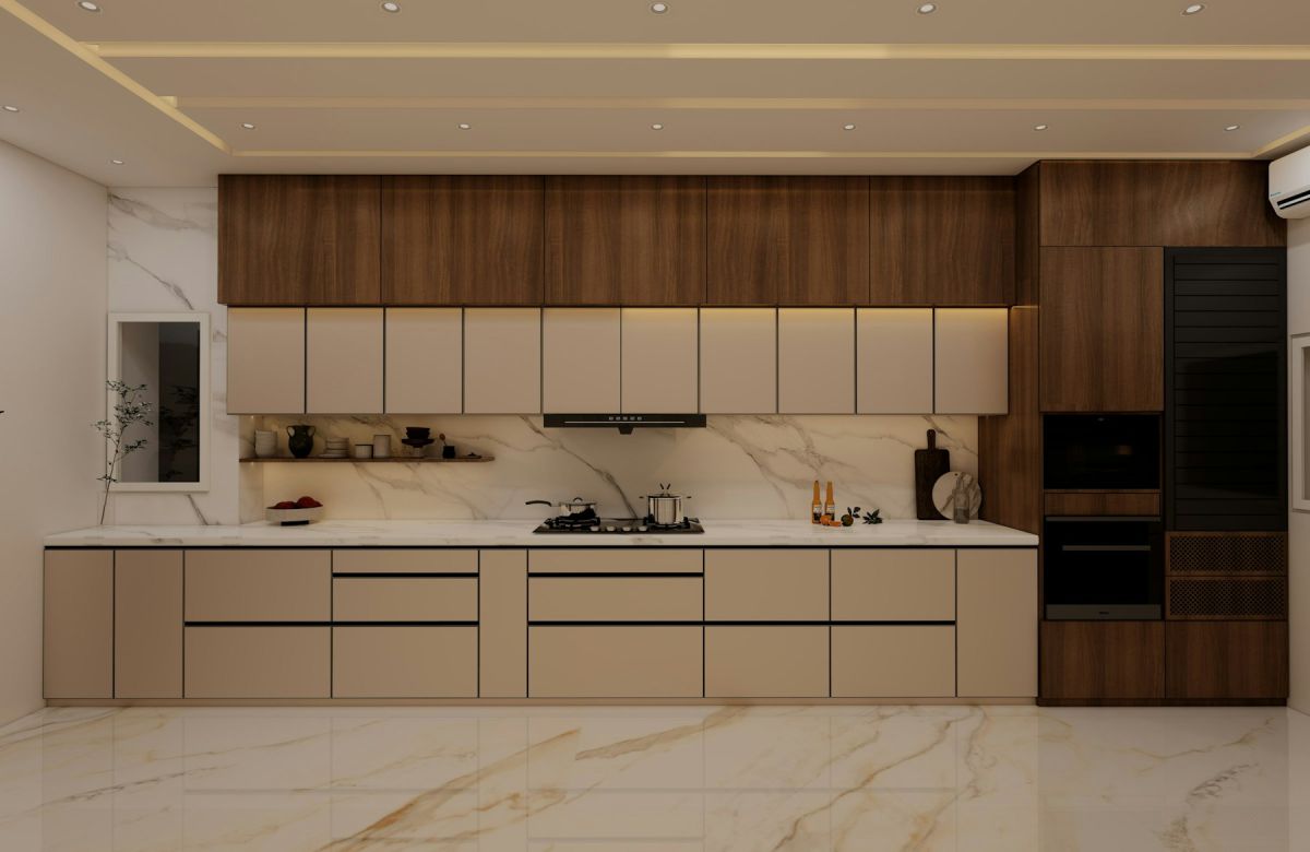 Modular kitchen with walnut and ivory cabinetry and marble flooring Modular kitchen with walnut and ivory cabinetry and marble flooring