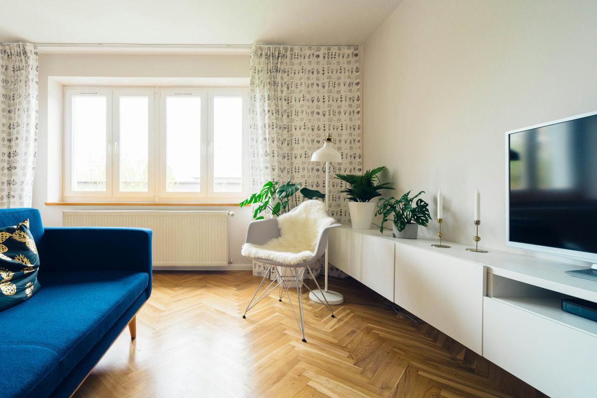 Apartment living room with minimal furniture and natural light