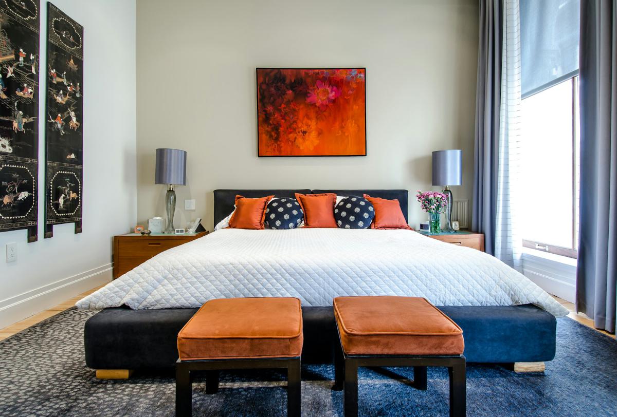 Bedroom interior design with bench seating and bold accent colours