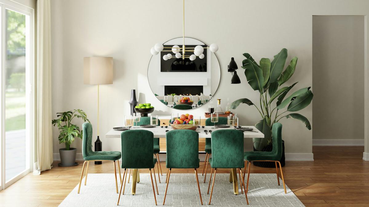 Dining room interior with statement chandelier and green velvet chairs Dining room interior with statement chandelier and green velvet chairs