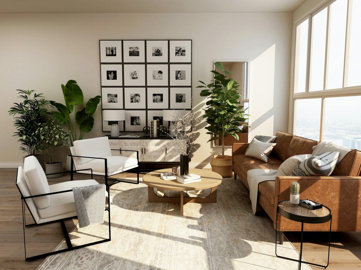 Luxury lounge interior with gallery wall, leather seating and plants