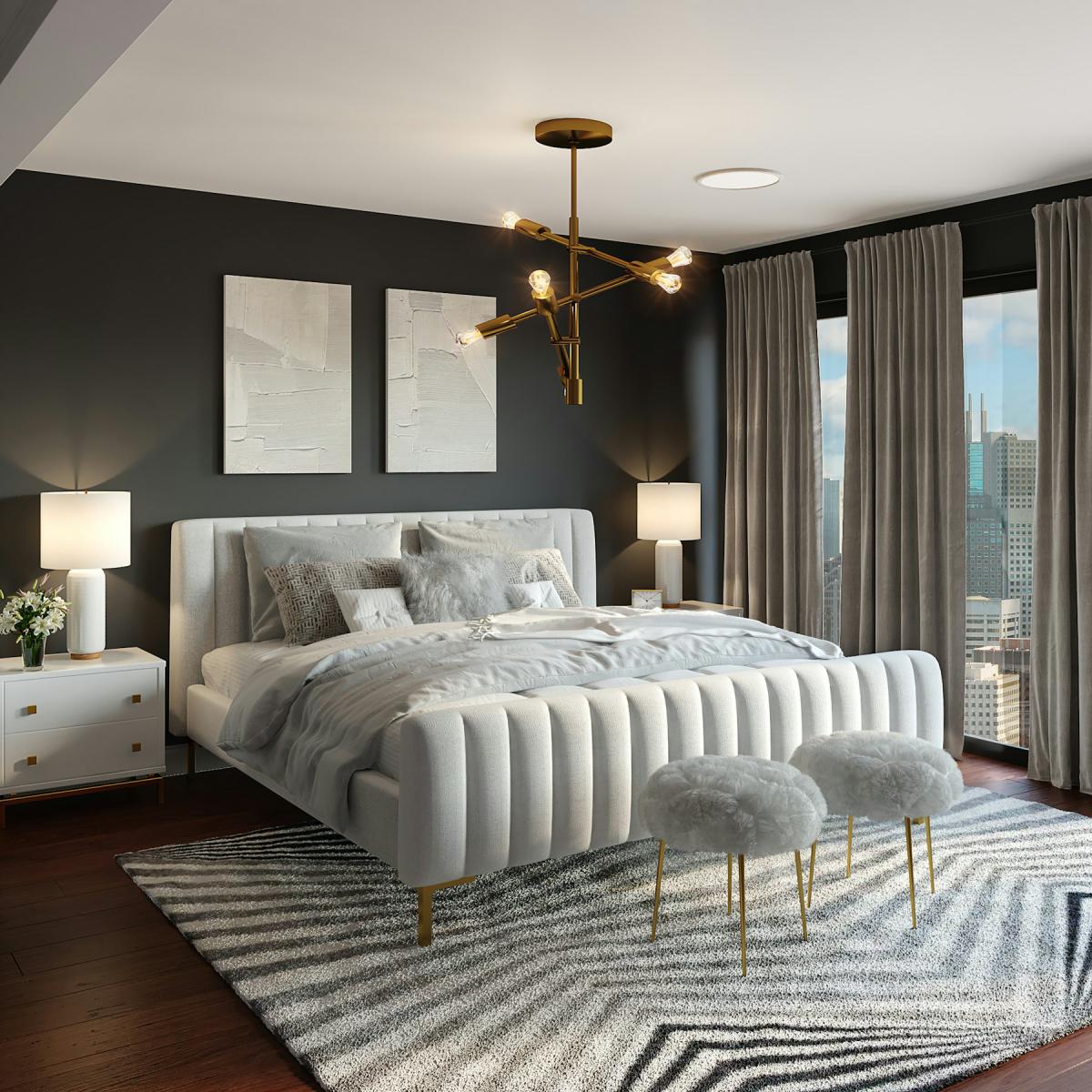 Turnkey Residence — Modern bedroom interior with upholstered bed and sculptural lighting