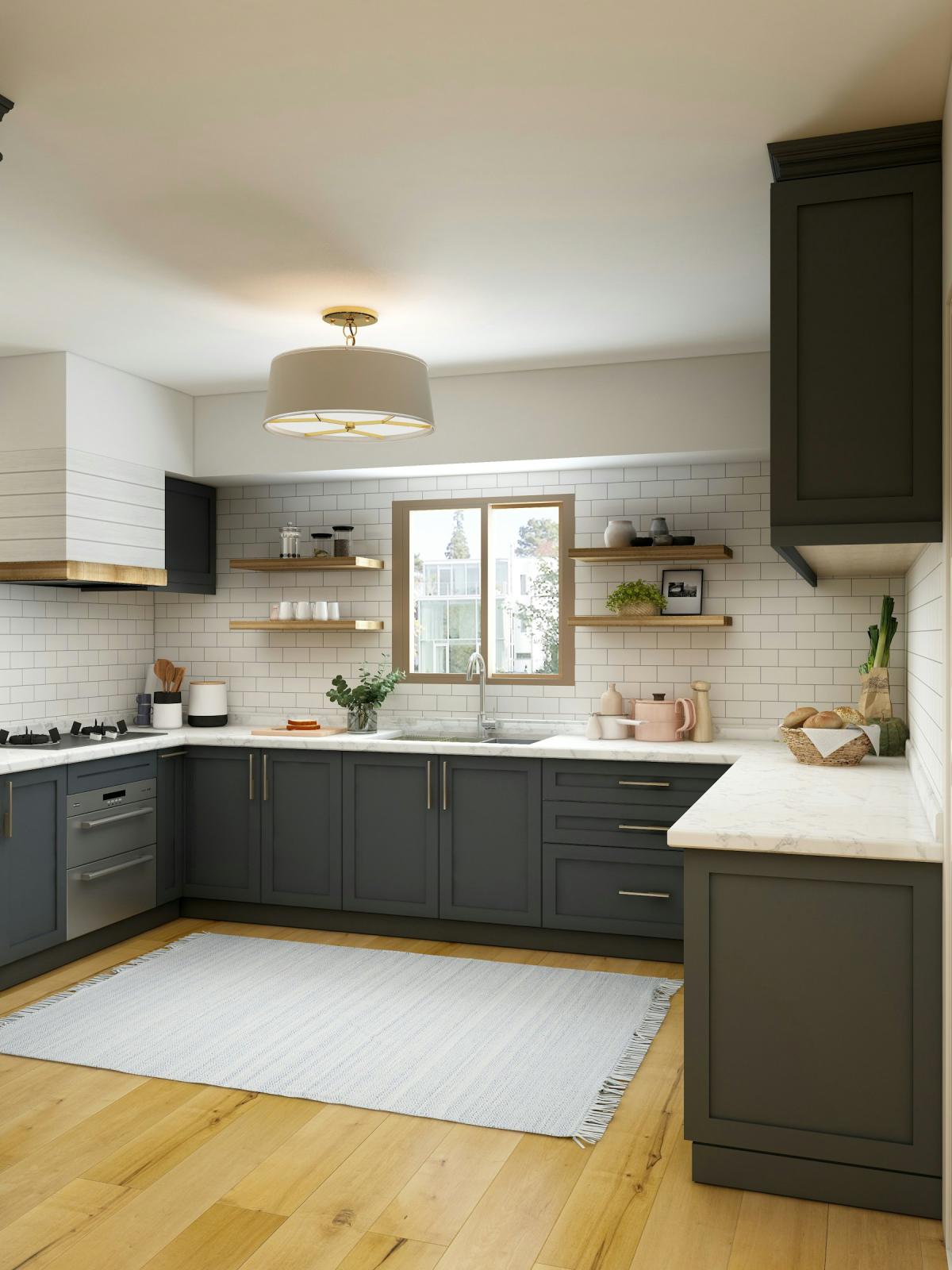 Modular Kitchen — Modular kitchen design with dark lower cabinets and open shelving