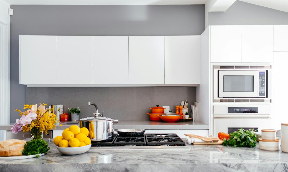 Modular Kitchen — Open kitchen with quartz countertop and integrated appliances