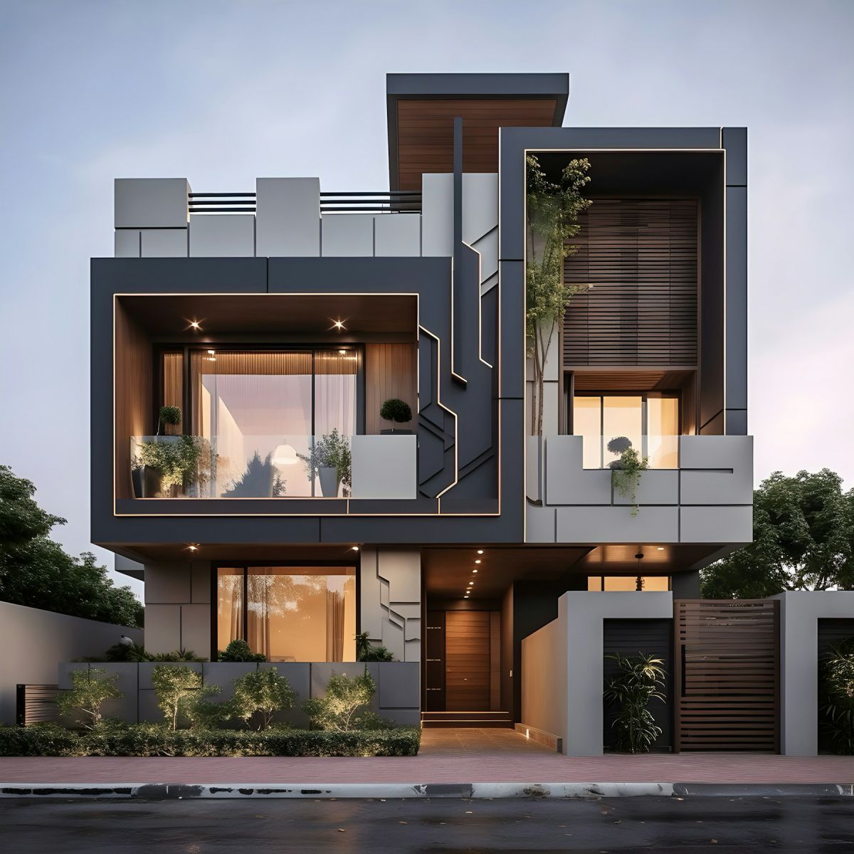 Contemporary Residence — Contemporary Indian residence with framed balconies, planters and warm lighting Contemporary Residence — Contemporary Indian residence with framed balconies, planters and warm lighting