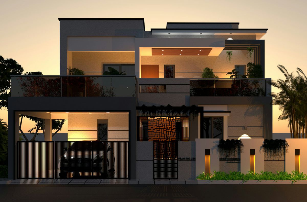 Turnkey Residence — Turnkey residence in Hyderabad with layered facade and garden lighting at dusk