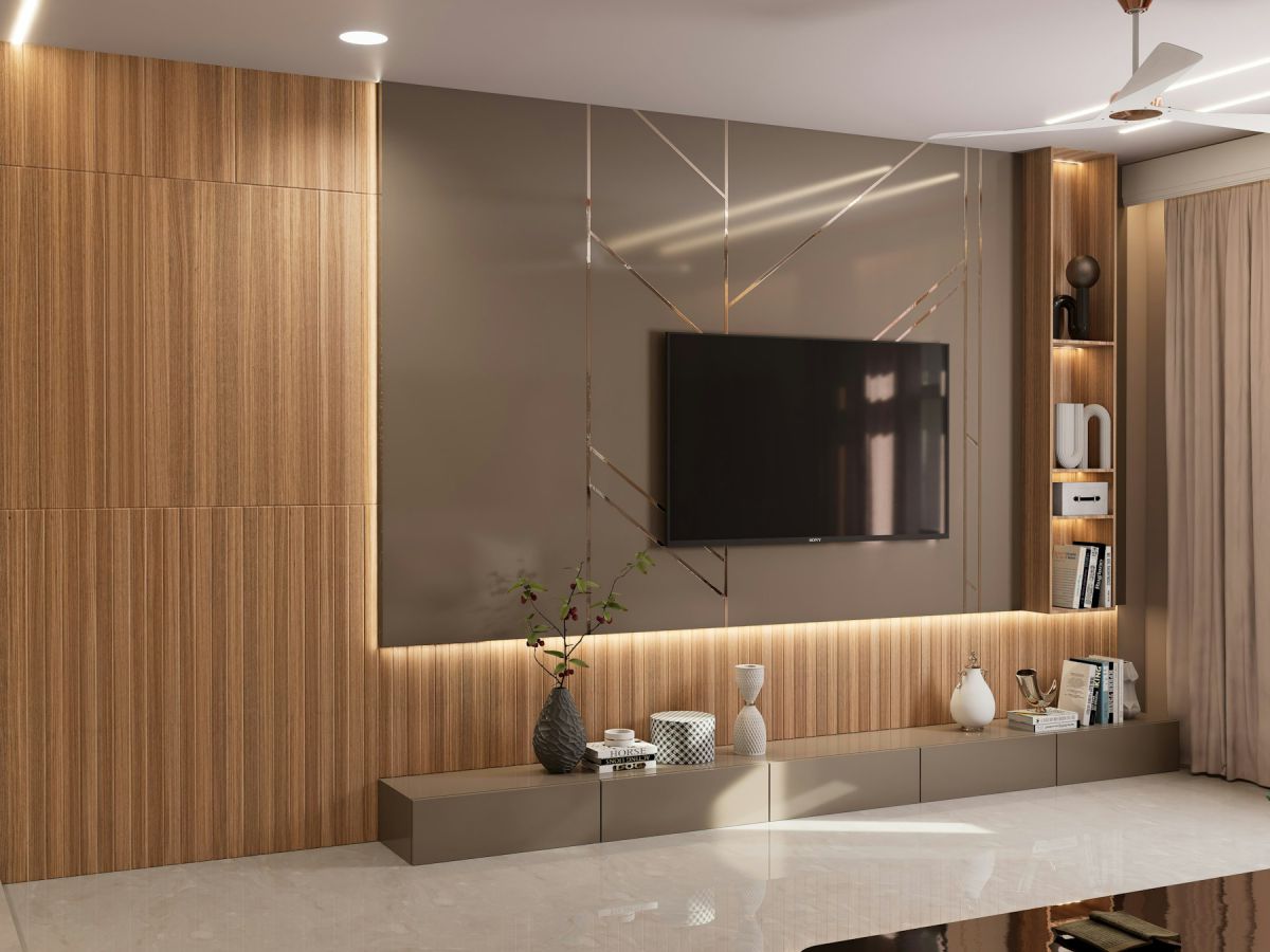 Custom wood-panelled TV wall with concealed lighting and floating console